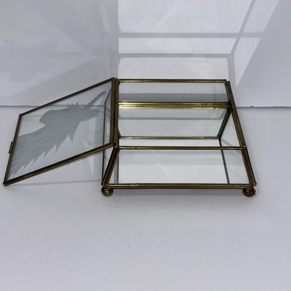 Vtg Brass w/ Etched UNICORN Glass Lid & Mirror Hinged Curio Jewelry Trinket Box